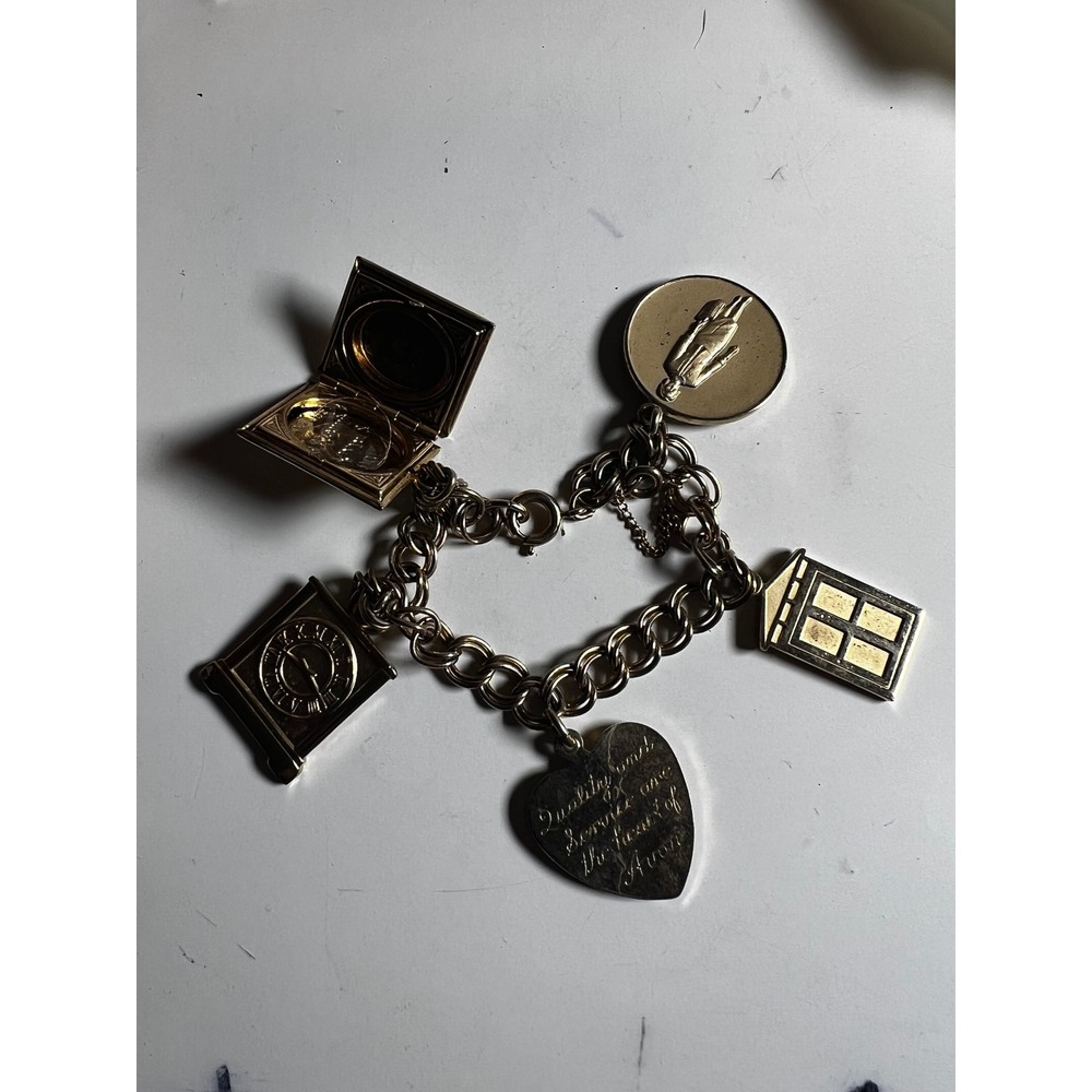 Avon Charm Bracelet Gold Silver Tone Vintage Locket Clock Heart House Rose